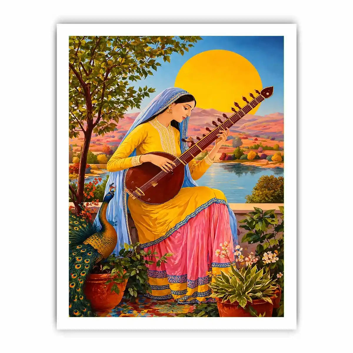 Indian woman playing sitar sunset Canvas Print boho colorful cultural canvas decor