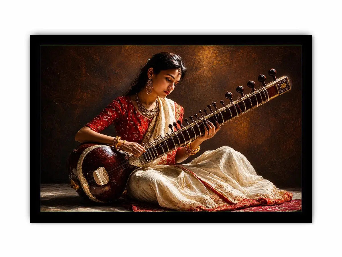 indian sitar player Canvas Print classical music painting cultural canvas decor
