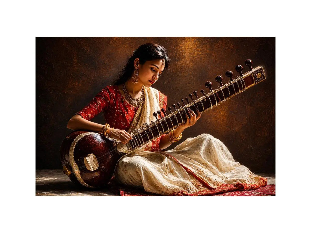 indian sitar player Canvas Print classical music painting cultural canvas decor