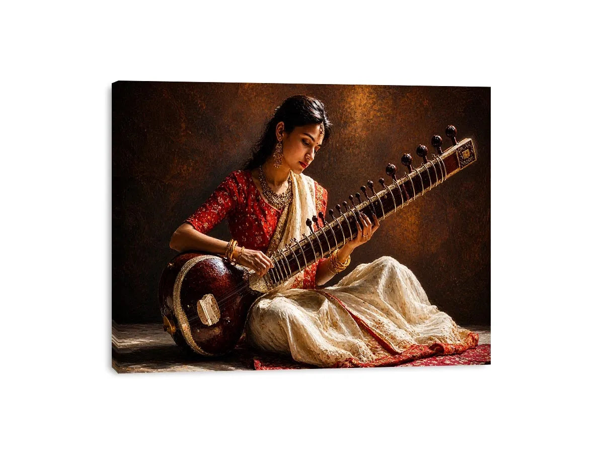 indian sitar player Canvas Print classical music painting cultural canvas decor