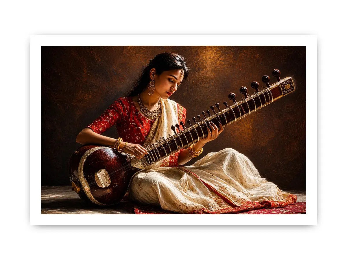 indian sitar player Canvas Print classical music painting cultural canvas decor