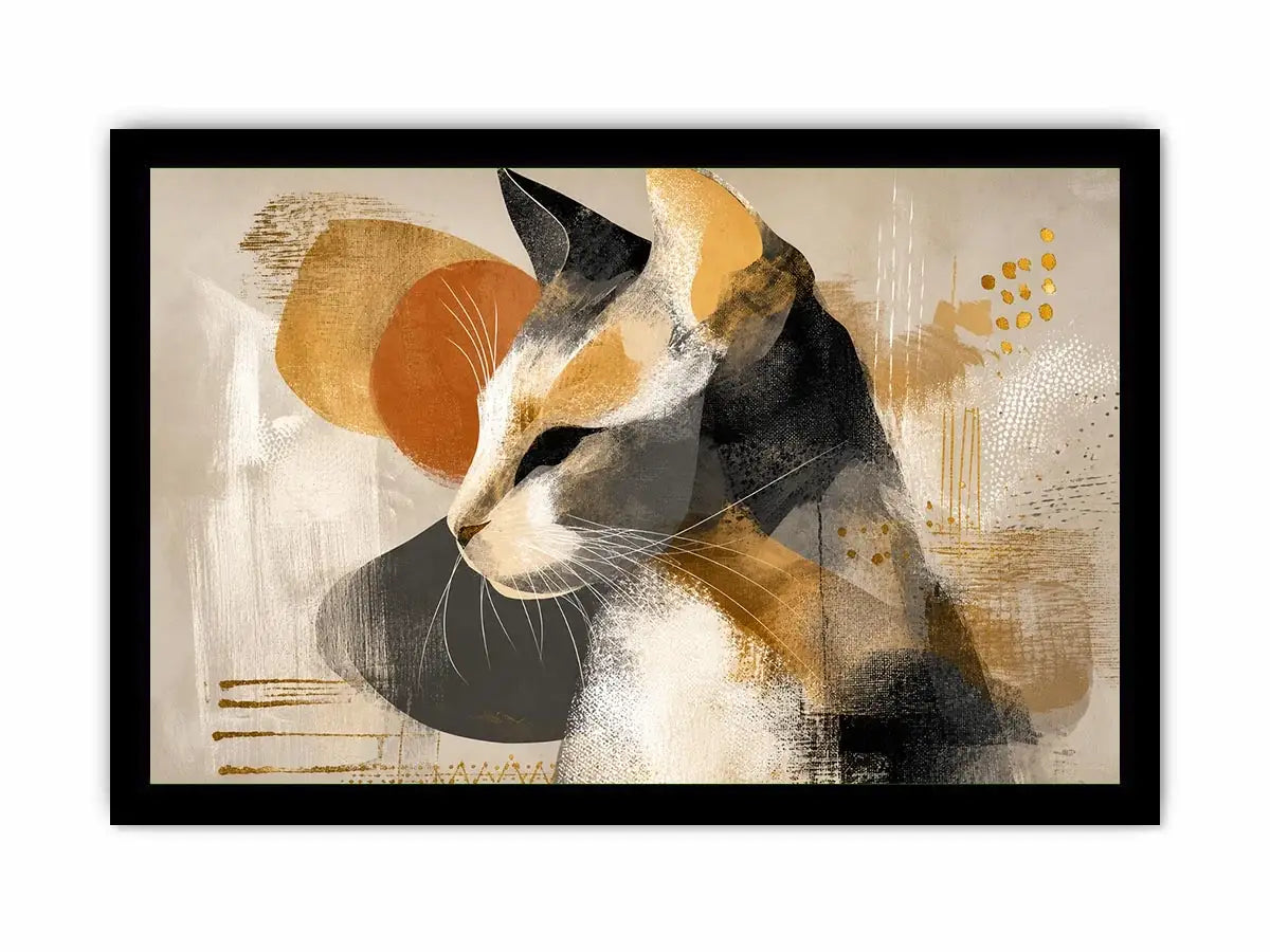 abstract cat painting neutral tones gold accents modern minimalist wall art canvas decor