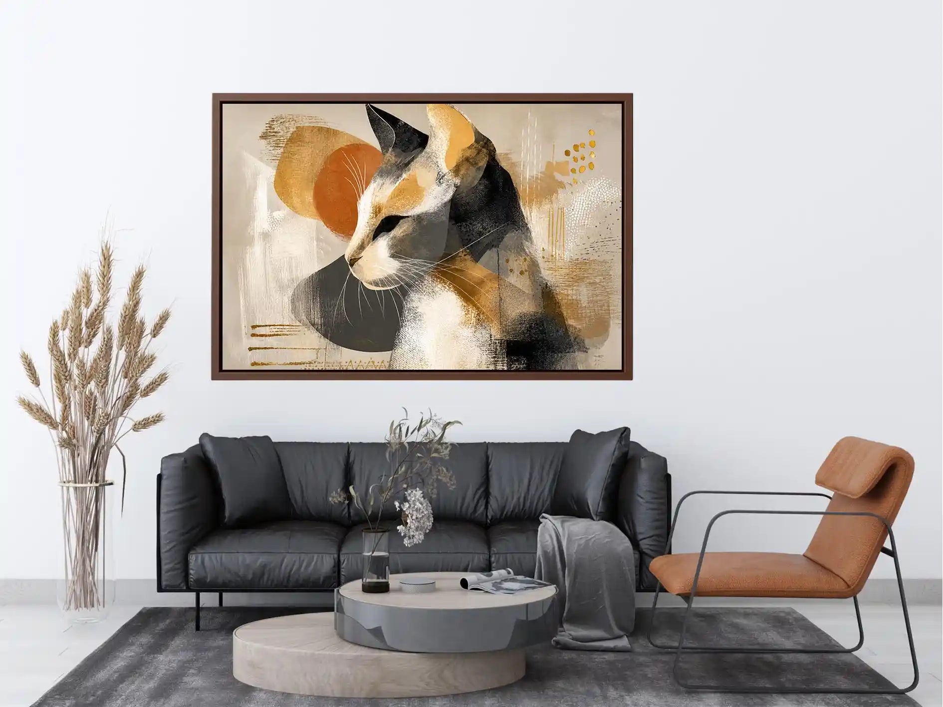 abstract cat painting neutral tones gold accents modern minimalist Canvas Print canvas decor