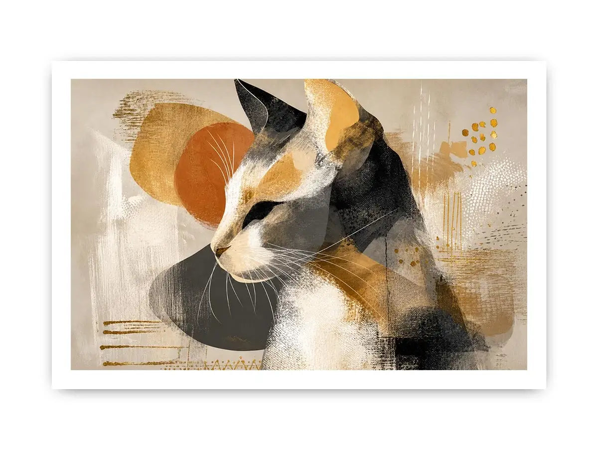 abstract cat painting neutral tones gold accents modern minimalist wall art canvas decor