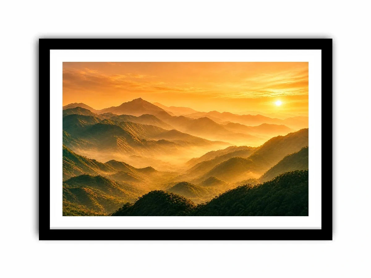 misty mountain landscape sunrise golden light layered hills nature Canvas Print canvas decor
