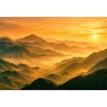 misty mountain landscape sunrise golden light layered hills nature Canvas Print canvas decor