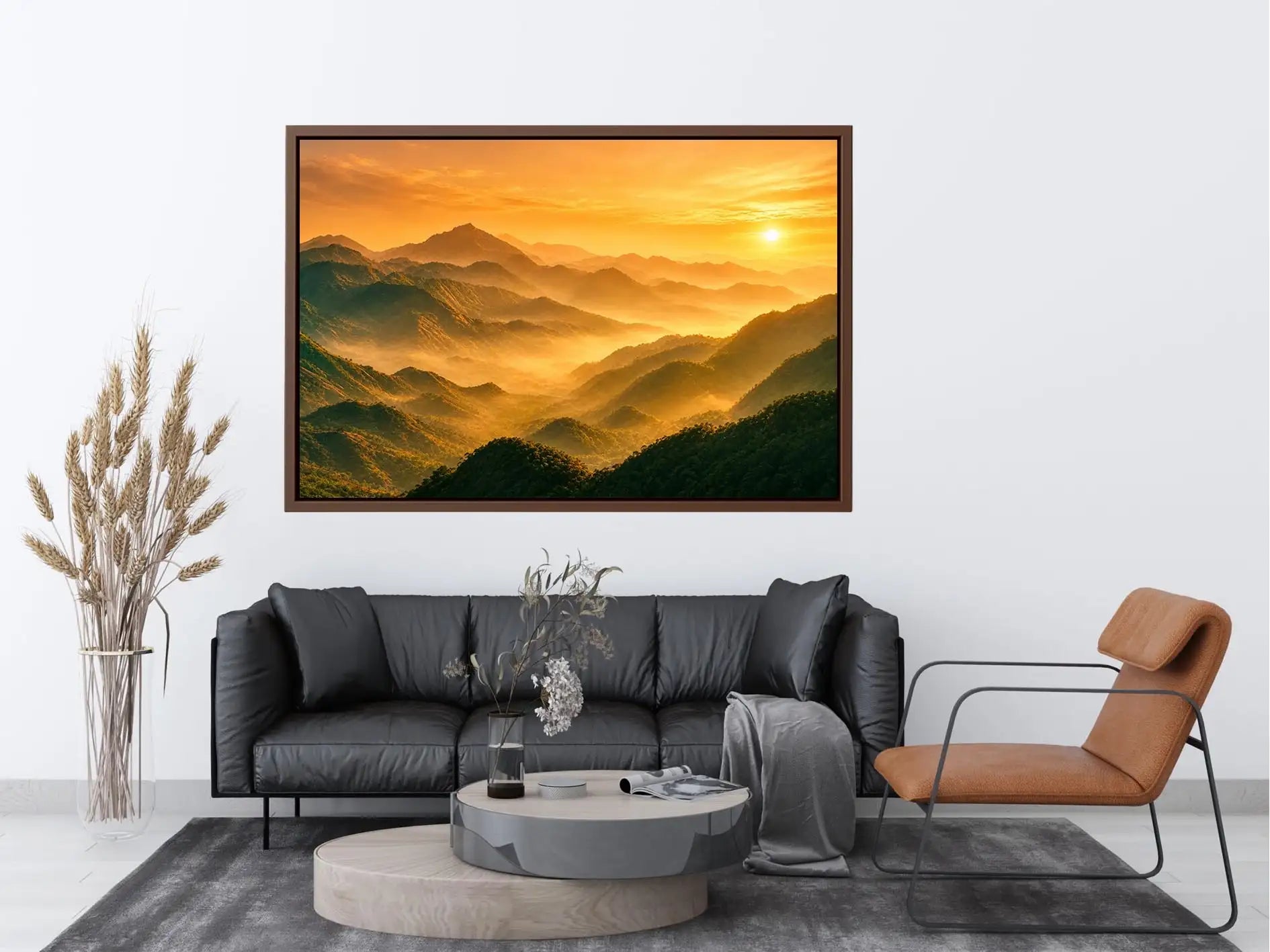 misty mountain landscape sunrise golden light layered hills nature Canvas Print canvas decor