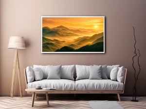 misty mountain landscape sunrise golden light layered hills nature Canvas Print canvas decor