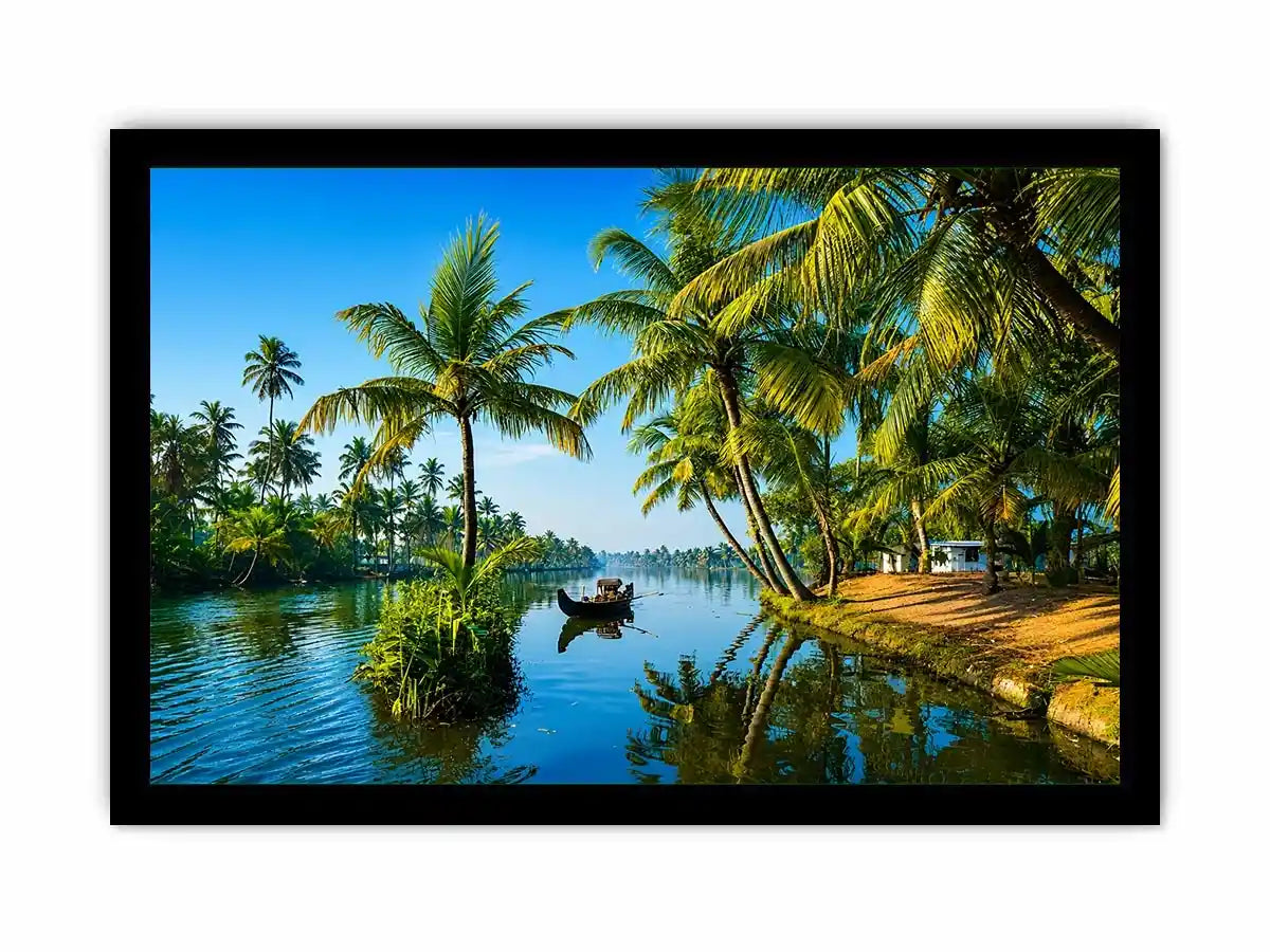 kerala backwaters Canvas Print tropical river palm trees boat serene landscape canvas decor