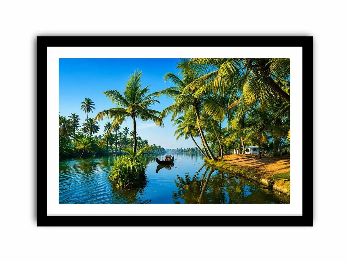 kerala backwaters Canvas Print tropical river palm trees boat serene landscape canvas decor