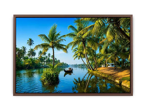 kerala backwaters Canvas Print tropical river palm trees boat serene landscape canvas decor