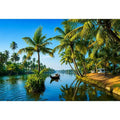 kerala backwaters Canvas Print tropical river palm trees boat serene landscape canvas decor