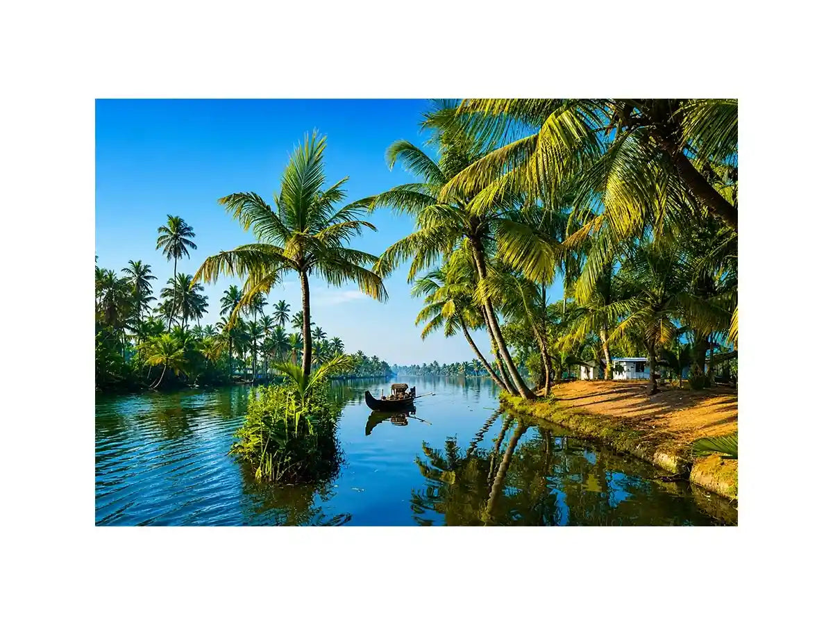 kerala backwaters Canvas Print tropical river palm trees boat serene landscape canvas decor
