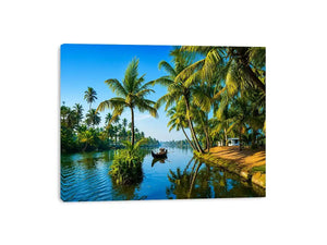 kerala backwaters Canvas Print tropical river palm trees boat serene landscape canvas decor