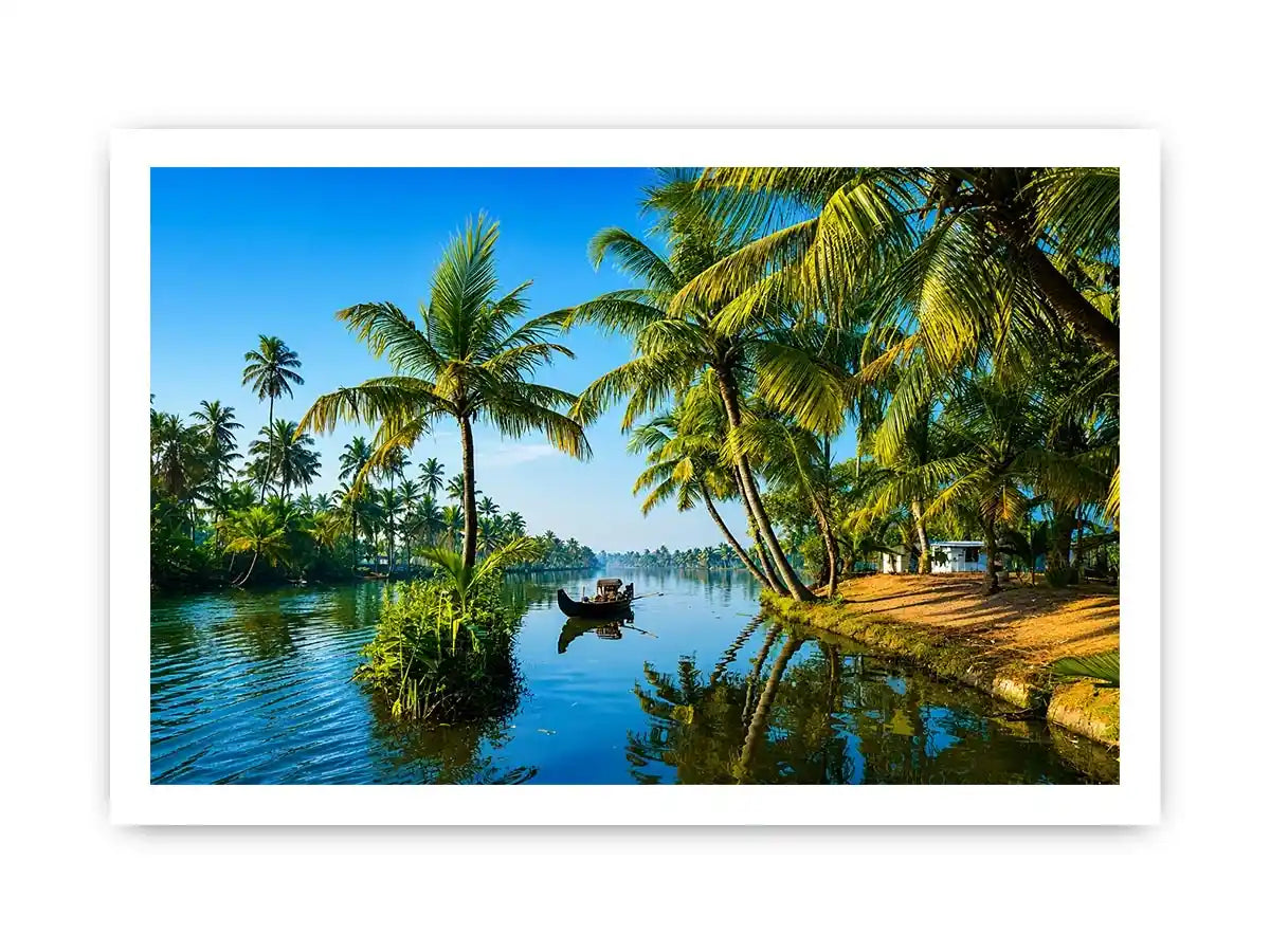 kerala backwaters Canvas Print tropical river palm trees boat serene landscape canvas decor