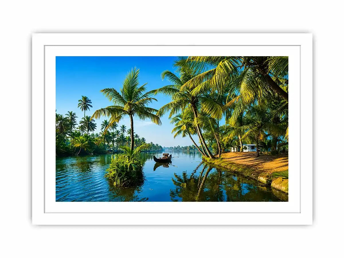 kerala backwaters Canvas Print tropical river palm trees boat serene landscape canvas decor