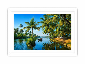 kerala backwaters Canvas Print tropical river palm trees boat serene landscape canvas decor