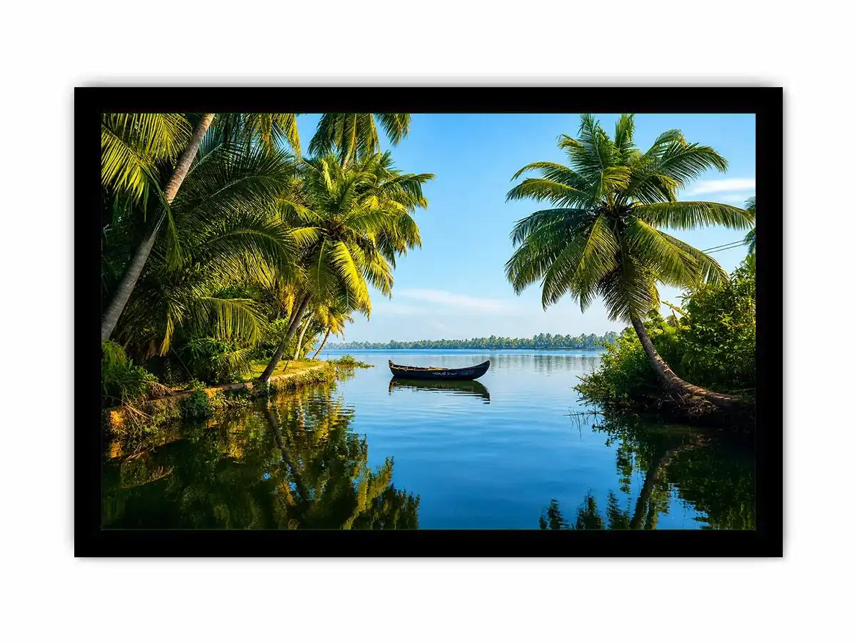Kerala backwaters boat reflection tropical palm trees serene luxury coastal Canvas Print Canvas Print