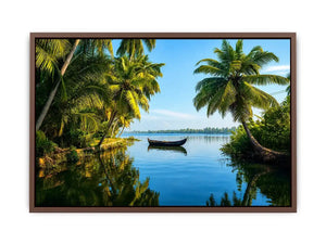 Kerala backwaters boat reflection tropical palm trees serene luxury coastal Canvas Print Canvas Print
