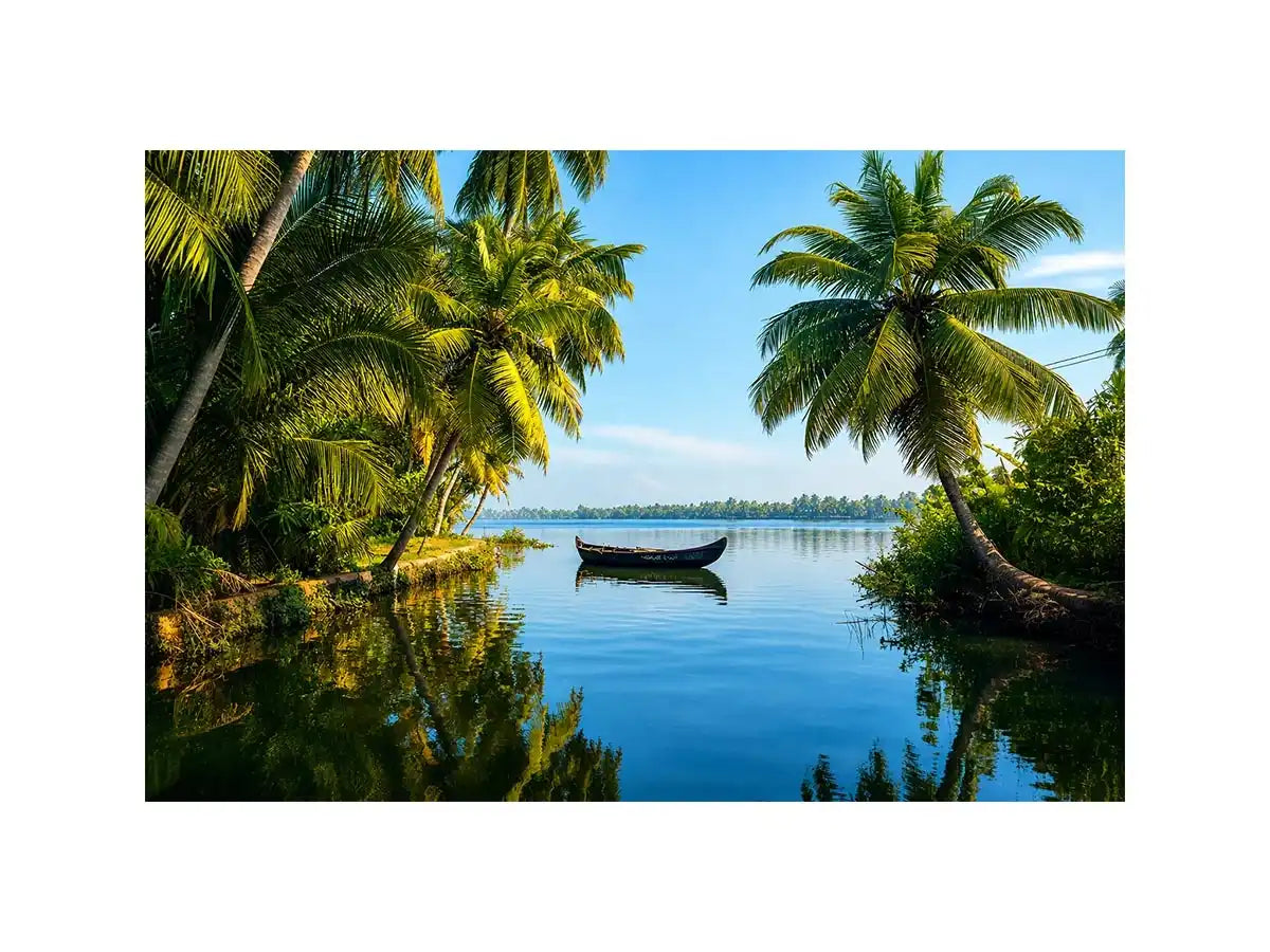 Kerala backwaters boat reflection tropical palm trees serene luxury coastal Canvas Print Canvas Print