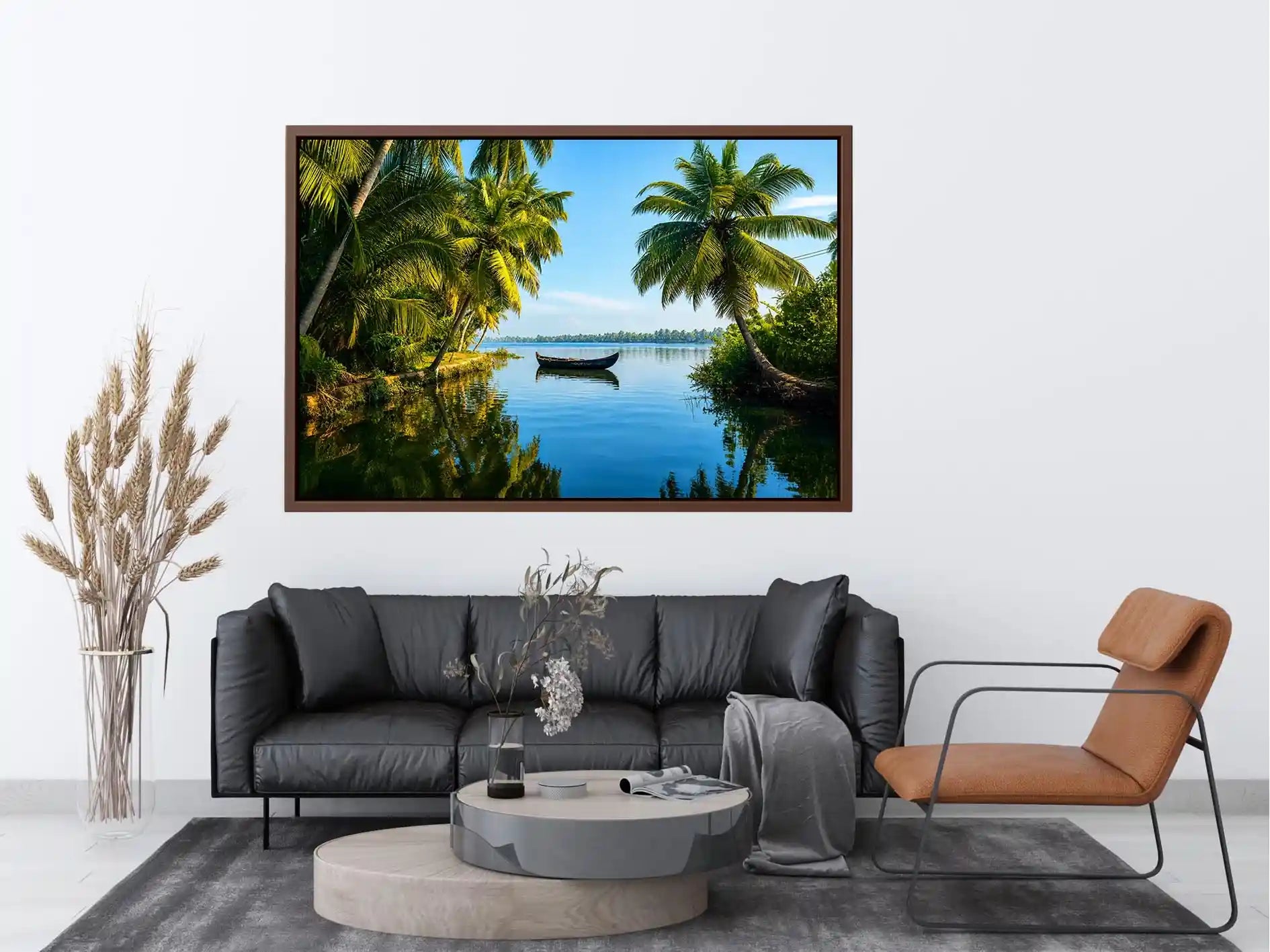 Kerala backwaters boat reflection tropical palm trees serene luxury coastal Canvas Print Canvas Print