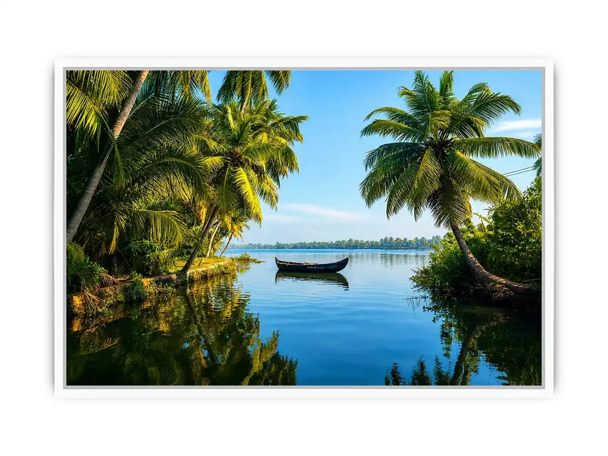 Kerala backwaters boat reflection tropical palm trees serene luxury coastal Canvas Print Canvas Print
