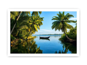 Kerala backwaters boat reflection tropical palm trees serene luxury coastal Canvas Print Canvas Print