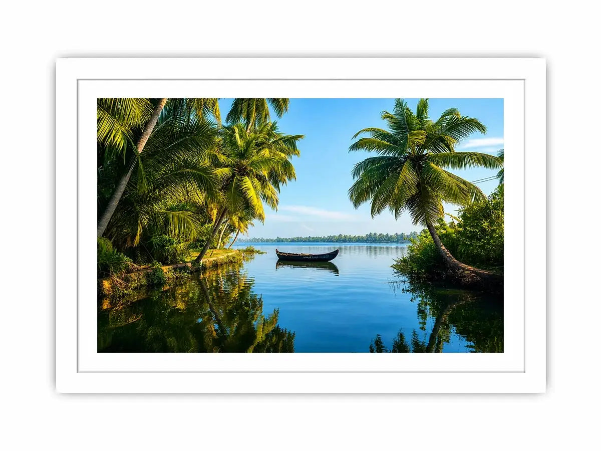Kerala backwaters boat reflection tropical palm trees serene luxury coastal Canvas Print Canvas Print