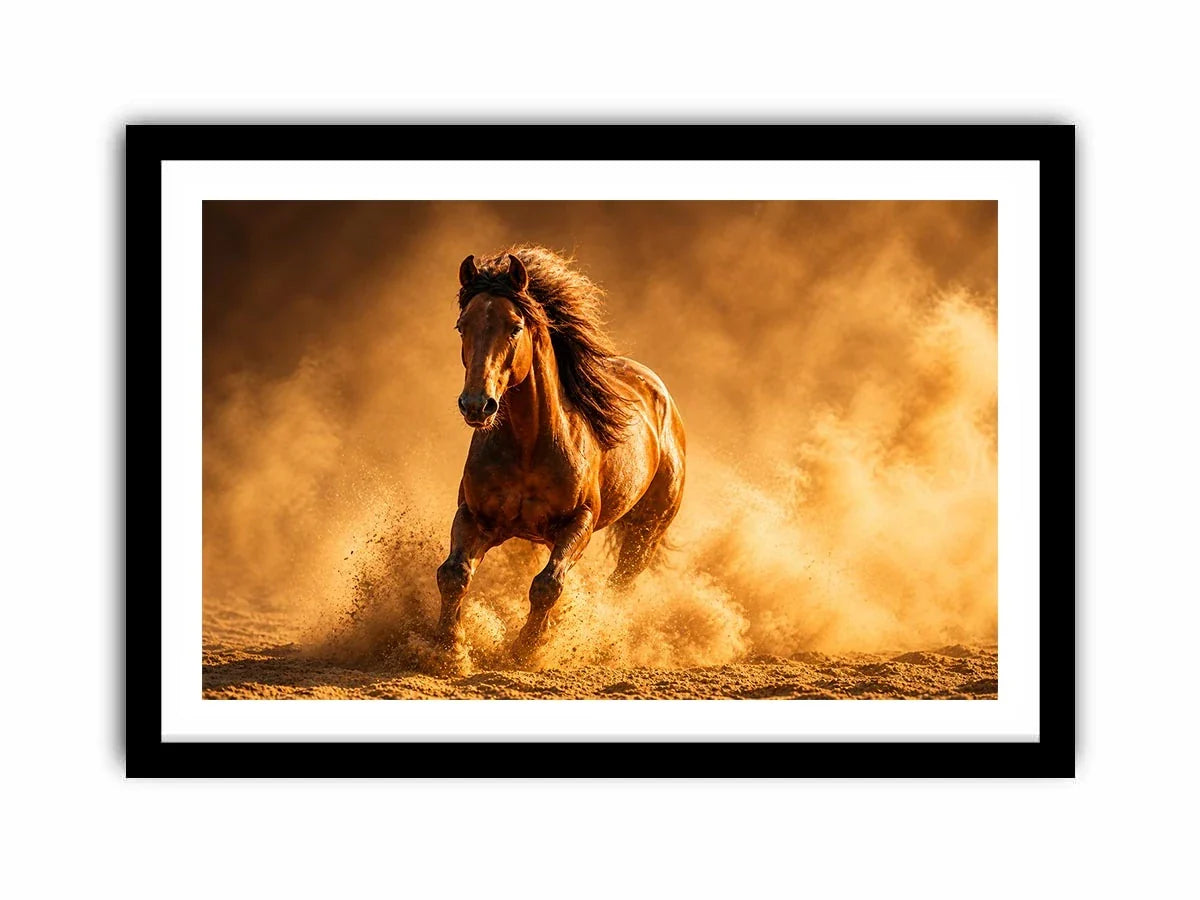 running horse desert dust golden light powerful animal Canvas Print canvas