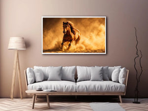 running horse desert dust golden light powerful animal Canvas Print canvas