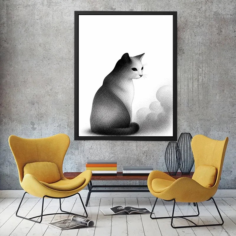 minimalist black white cat illustration modern line art animal Canvas Print