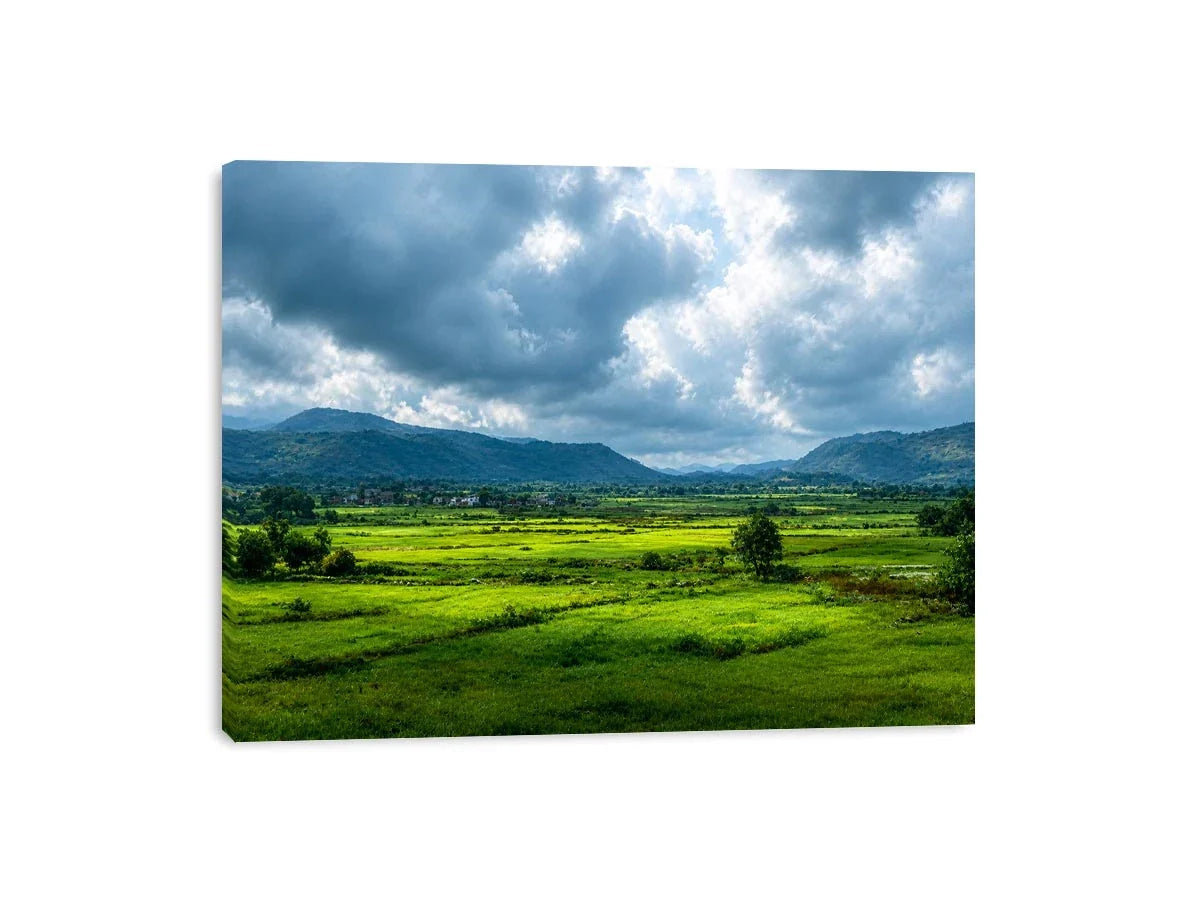 green valley landscape misty hills nature Canvas Print calming countryside canvas
