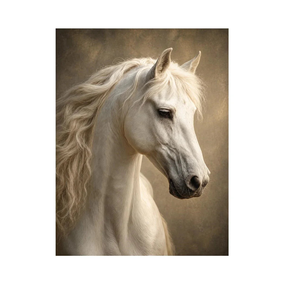 white horse portrait neutral tones elegant animal wall art canvas decor