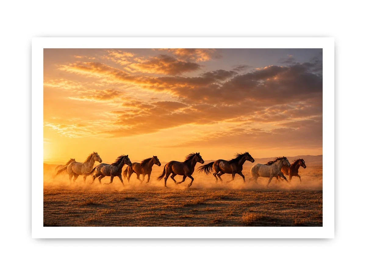 running horses herd desert sunset dust wildlife Canvas Print canvas decor