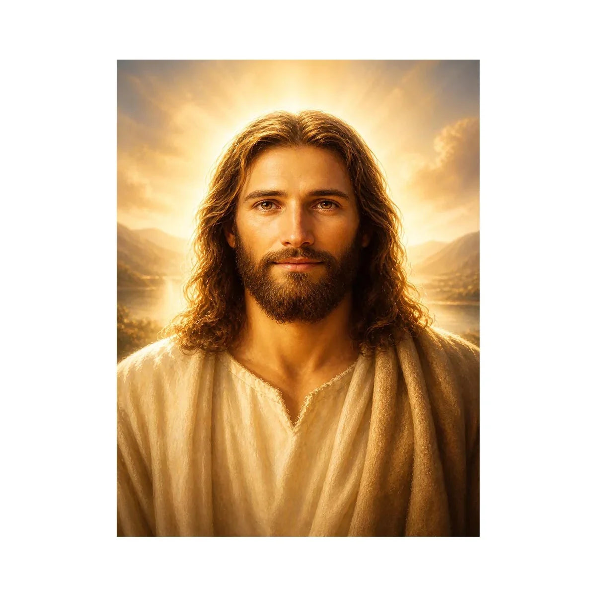 Heavenly Grace of Jesus Realistic Jesus portrait wall art with glowing golden heavenly light and peaceful spiritual expressio