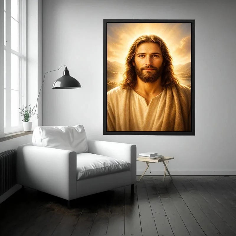 Heavenly Grace of Jesus Realistic Jesus portrait wall art with glowing golden heavenly light and peaceful spiritual expressio