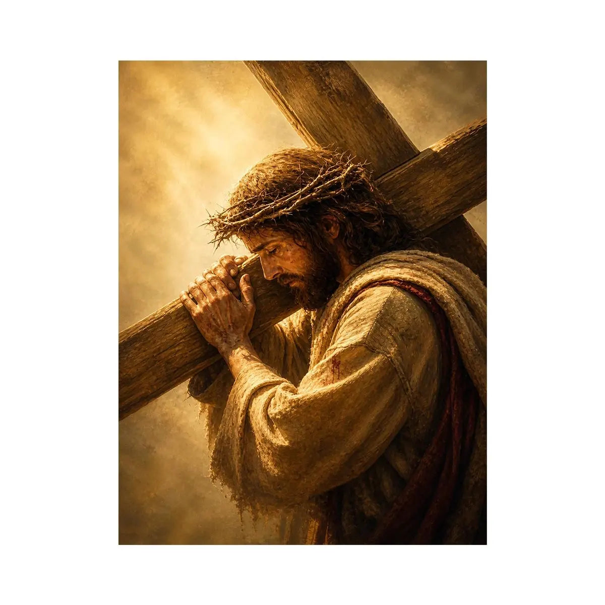 Burden of Redemption Jesus carrying the cross wall art with crown of thorns and dramatic golden spiritual light in realistic