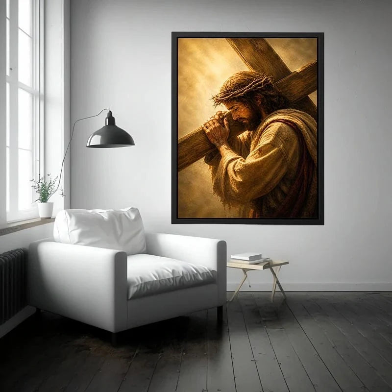 Burden of Redemption Jesus carrying the cross wall art with crown of thorns and dramatic golden spiritual light in realistic