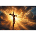 Jesus on the cross illuminated by heavenly golden light with dramatic clouds Christian wall art canvas print