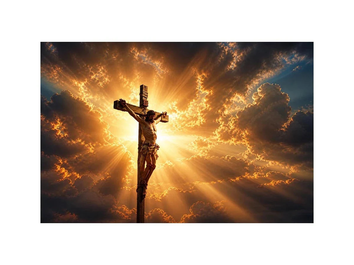 Radiance of Redemption Jesus on the cross illuminated by heavenly golden light with dramatic clouds Christian wall art canvas