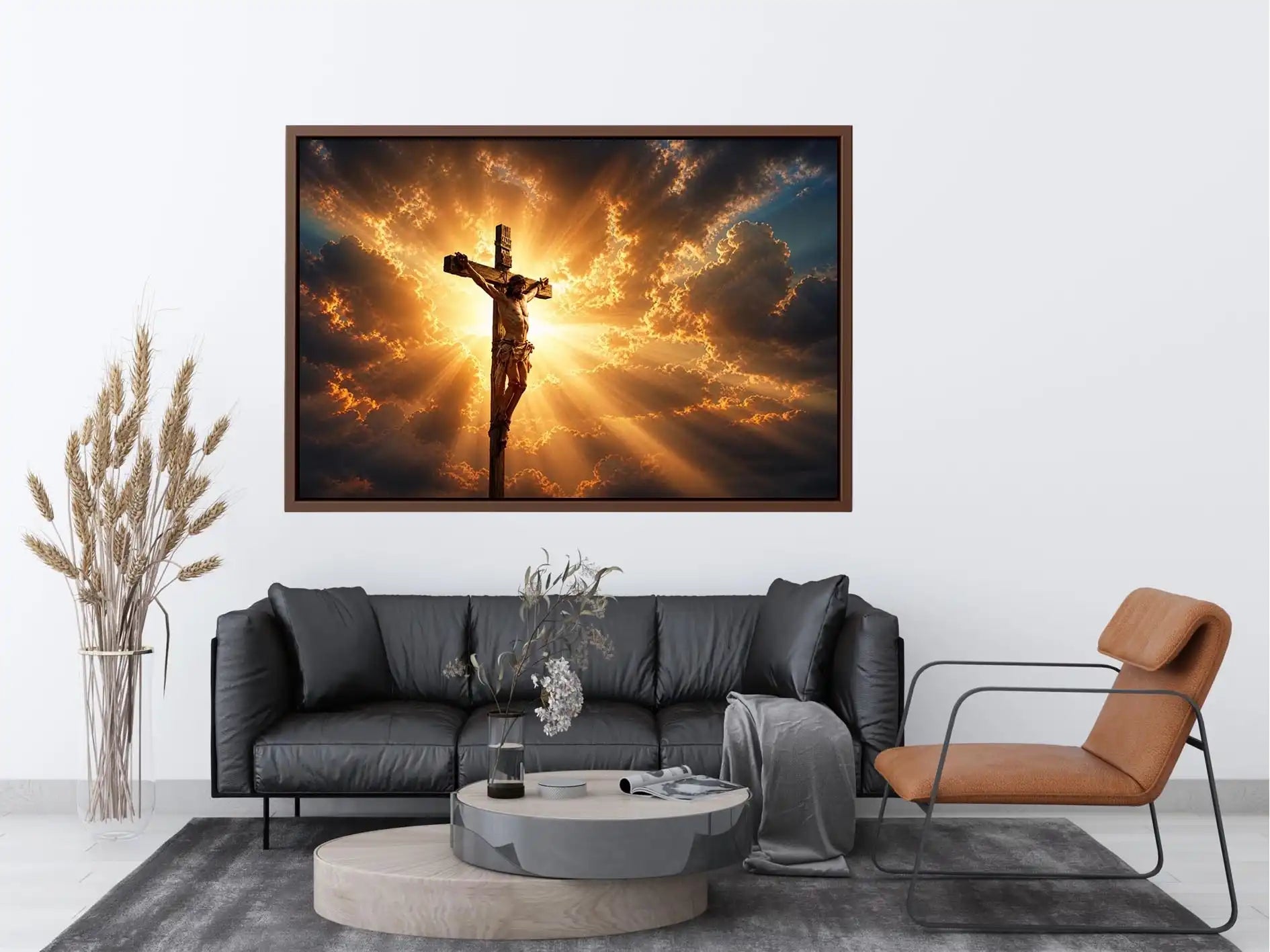 Radiance of Redemption Jesus on the cross illuminated by heavenly golden light with dramatic clouds Christian wall art canvas