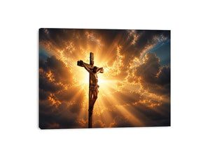 Jesus on the cross illuminated by heavenly golden light with dramatic clouds Christian wall art canvas print