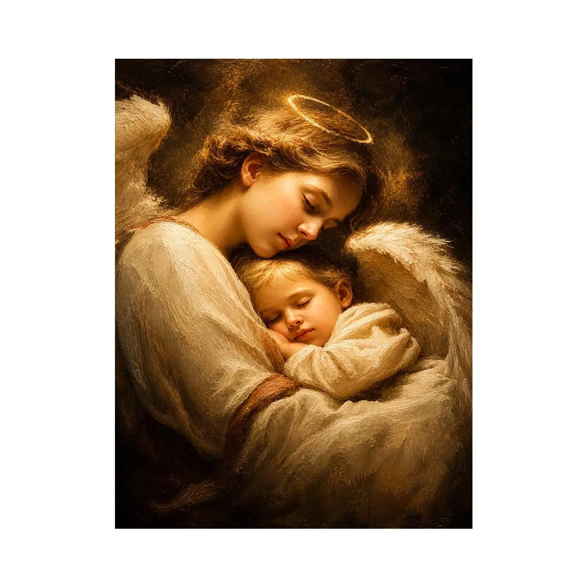 Guardian of Peace Guardian angel embracing sleeping child with warm golden light spiritual canvas wall art premium canvas wal