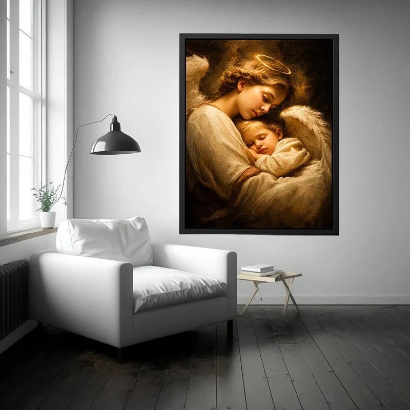 Guardian of Peace Guardian angel embracing sleeping child with warm golden light spiritual canvas wall art premium canvas wal