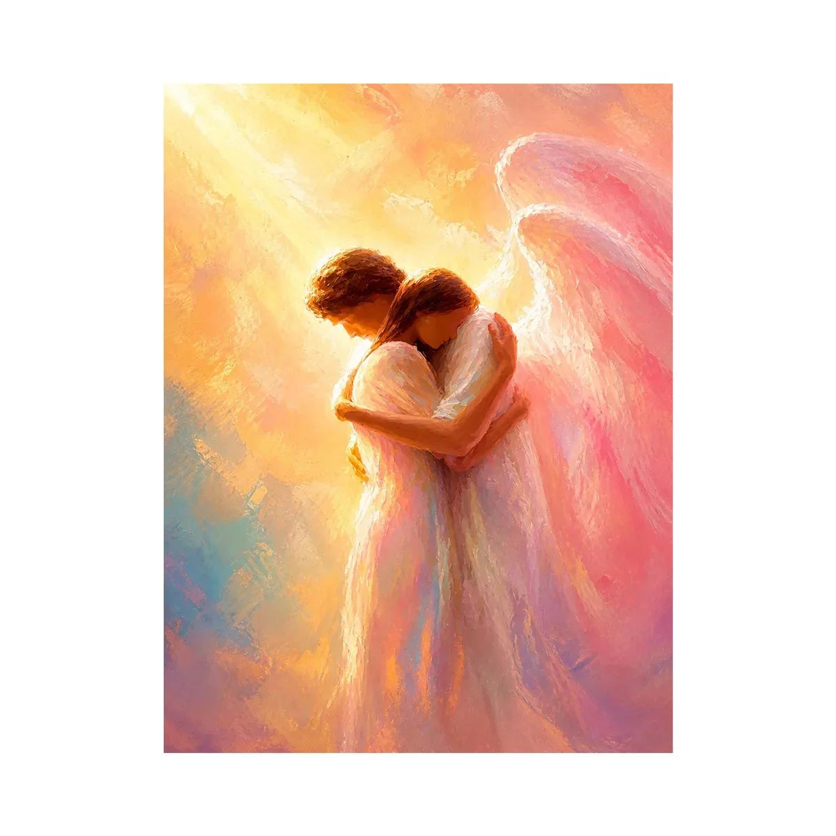 Embrace of Heaven Ethereal angel embracing woman in radiant pastel light spiritual canvas wall art premium canvas wall art fo