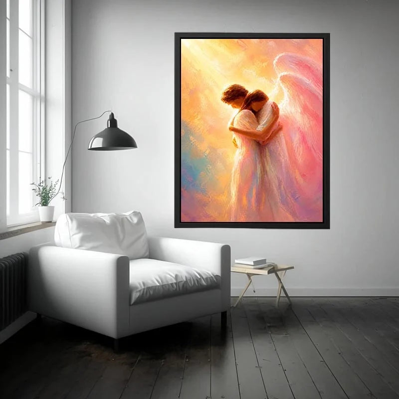 Embrace of Heaven Ethereal angel embracing woman in radiant pastel light spiritual canvas wall art premium canvas wall art fo