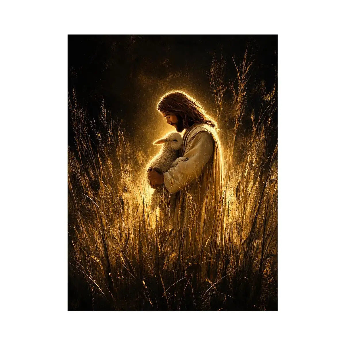 Light of the Shepherd Jesus holding lamb in glowing golden field Christian spiritual wall art canvas print premium canvas wal