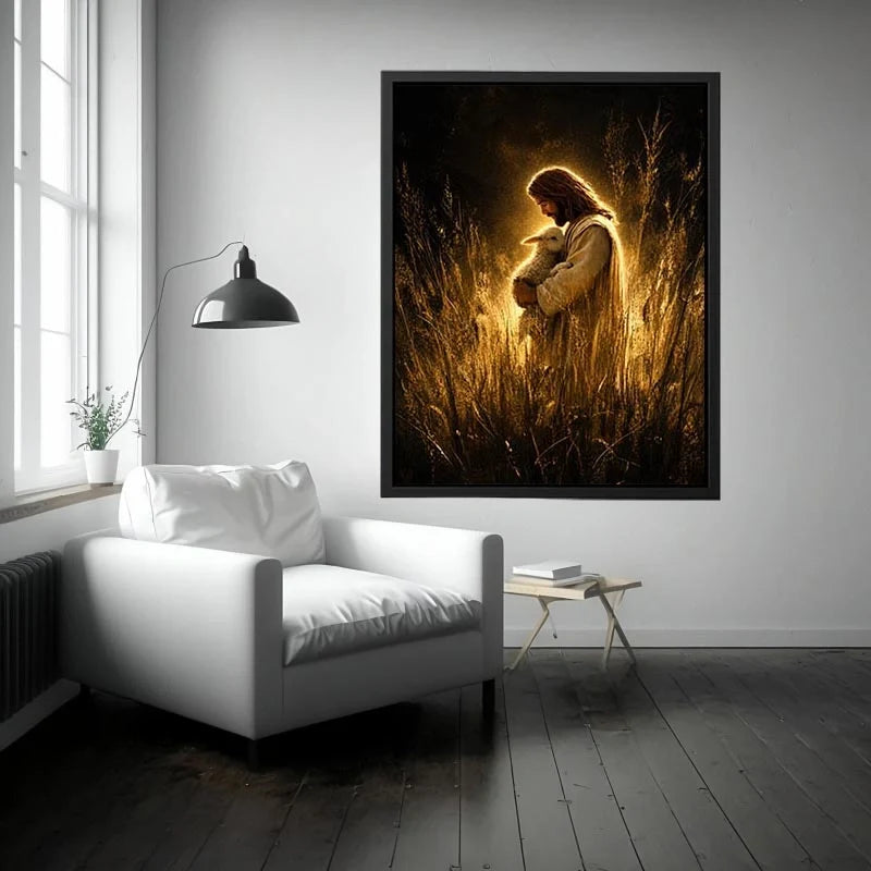 Light of the Shepherd Jesus holding lamb in glowing golden field Christian spiritual wall art canvas print premium canvas wal