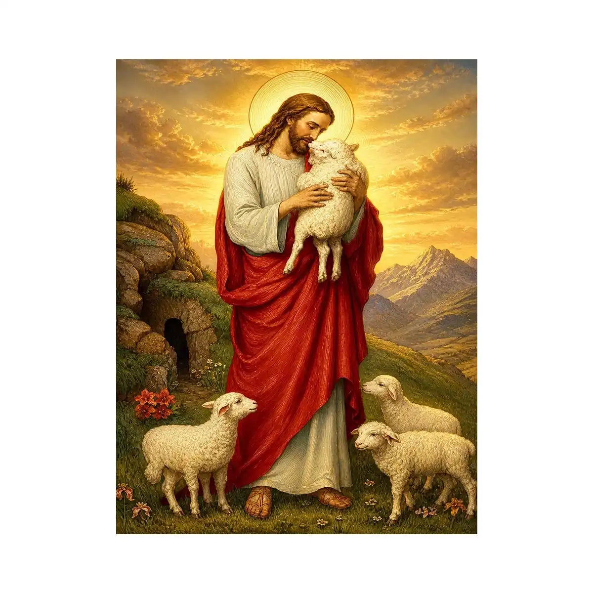The Gentle Shepherd Jesus holding lamb surrounded by sheep in golden mountain landscape Christian wall art canvas premium can