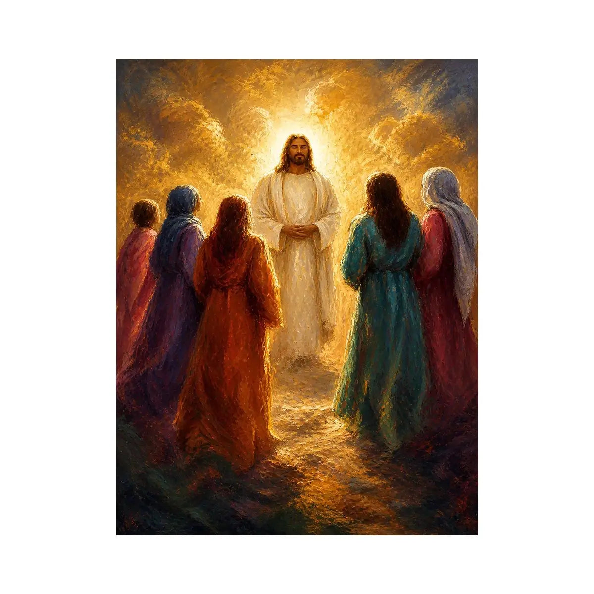 Light Among Believers Jesus surrounded by followers in radiant golden light Christian spiritual wall art canvas premium canva